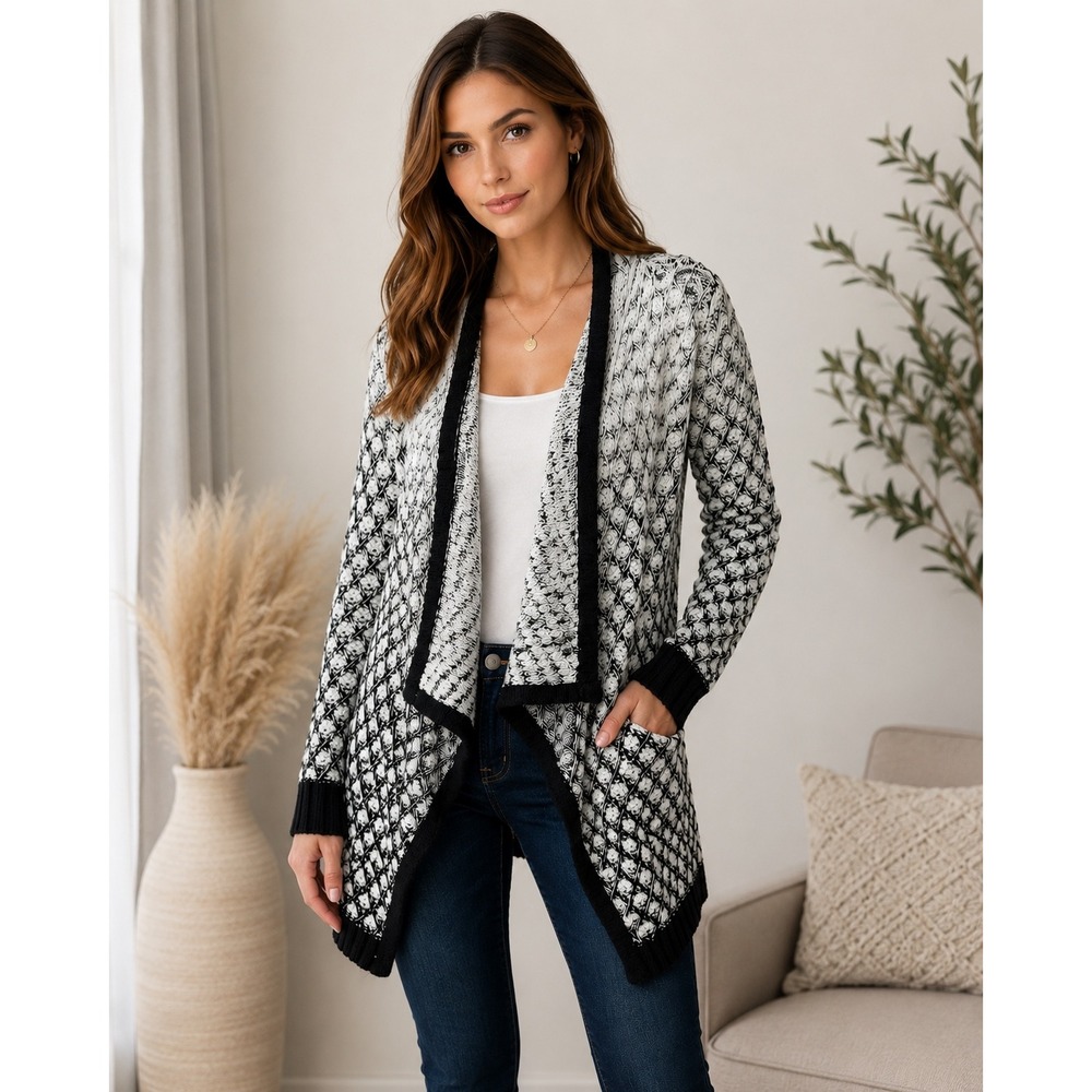 Romeo + Juliet Couture Cardigan Women S Black White Geometric Open Front Knit
